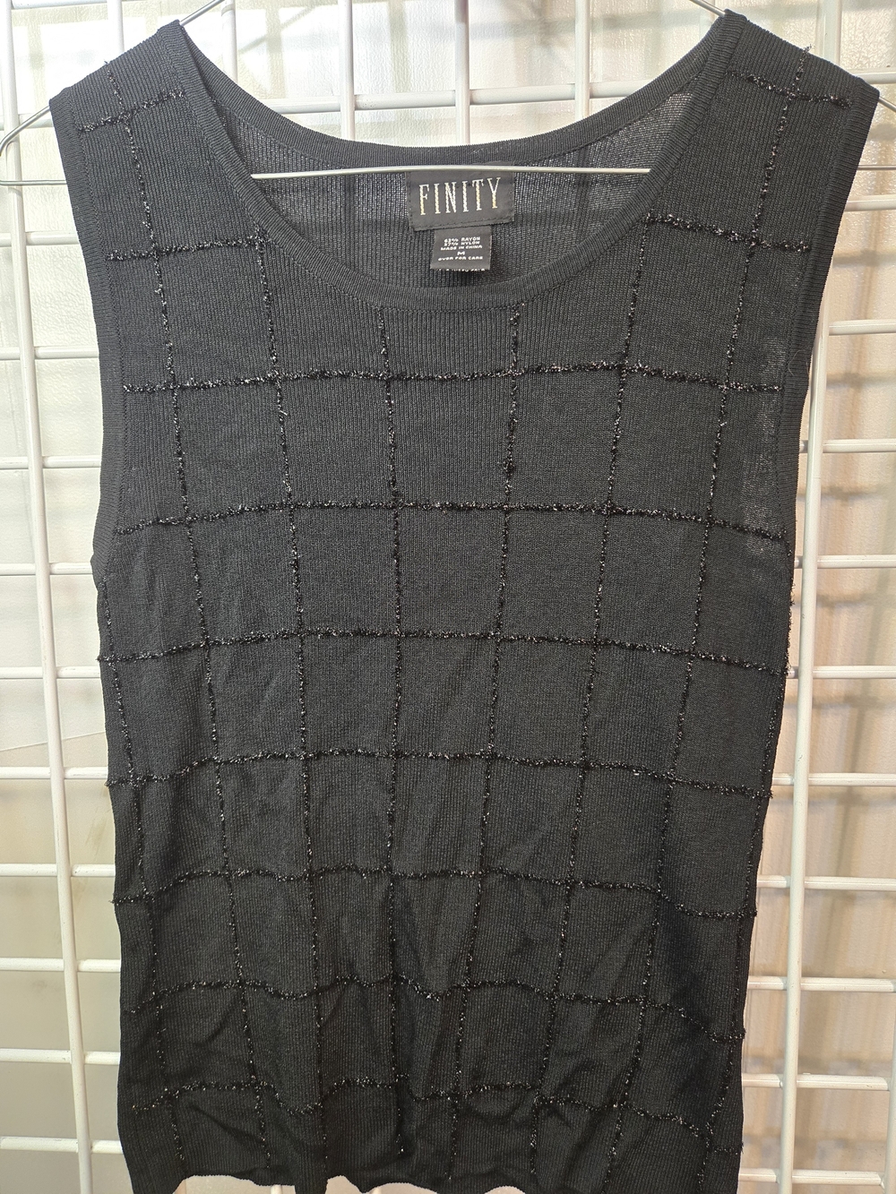 Finity Black Beaded Grid Sleeveless Top, Size Medium